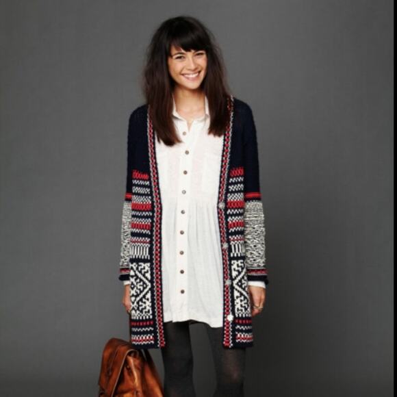 Free People Annabelle Knit Nordic Longline Cardigan Navy/Red/White Sweater - Picture 1 of 8